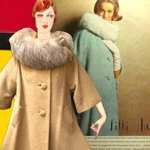 1960s Lilli Ann Tisse a Paris Caramel Swing Mohair Coat w/ Fur Collar, Bow 39”